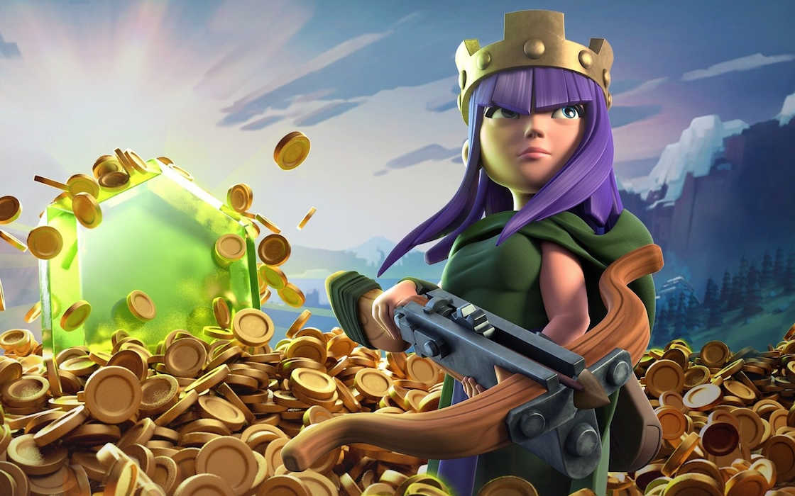 A Clash of Clans character amid gold and treasure.