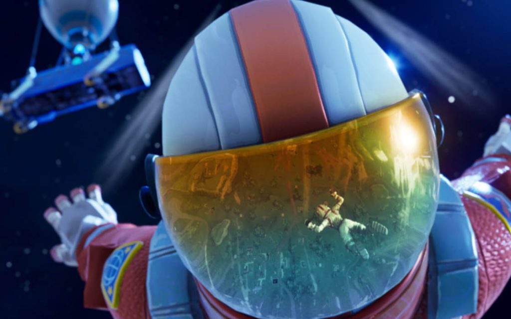 Fortnite player avatar flying towards the battlefield.