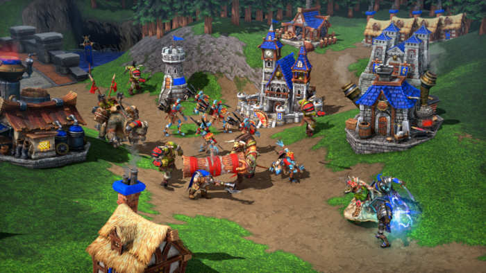 Warcraft III reforged gameplay, Human village attacked by Orc.