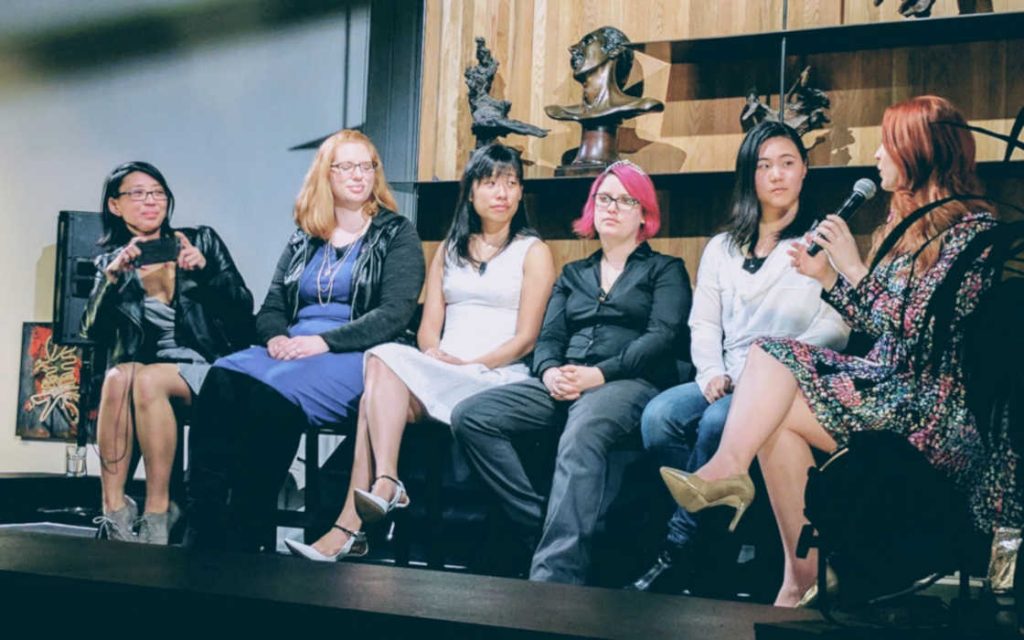 A panel of women gamers giving career advise.