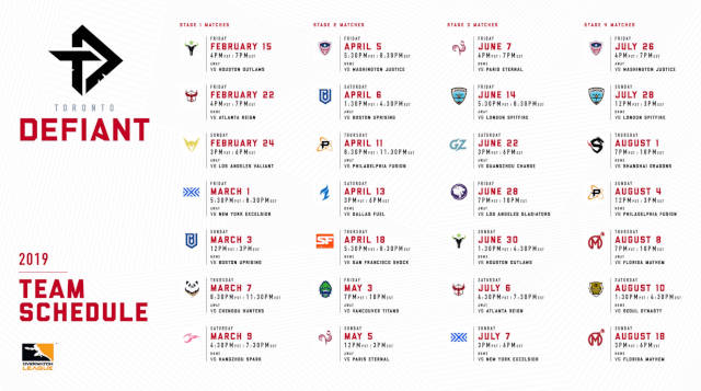 Toronto Defiant's match schedule for the Overwatch League. 