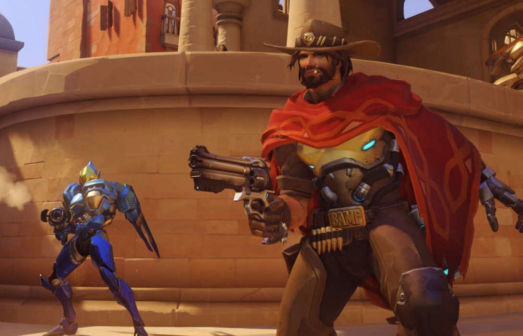 Overwatch characters exchanging fire with enemies.