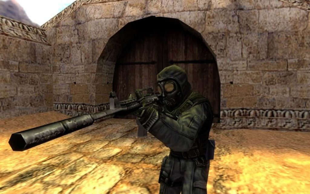 Counter-Strike counter-terrorist player with a gun pointed at something