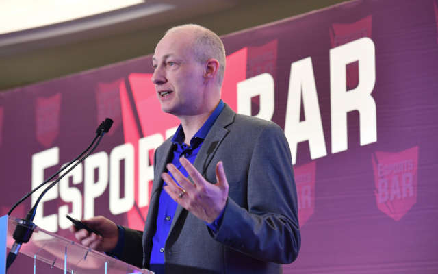 Peter Warren speaking at the Cannes Esports Bar, 2018.
