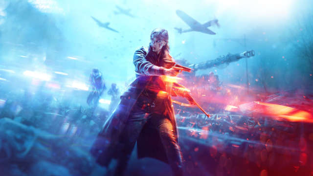 A Battlefield V character standing in the middle of a battle.