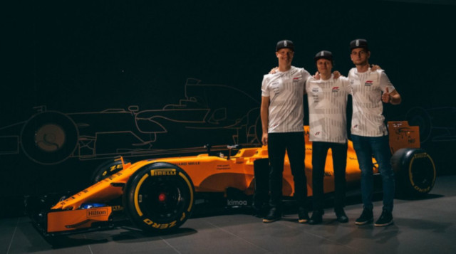 McLaren's esports squad posing for a photo-op.